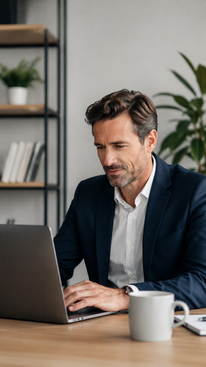 Focused professional working on laptop in modern office
